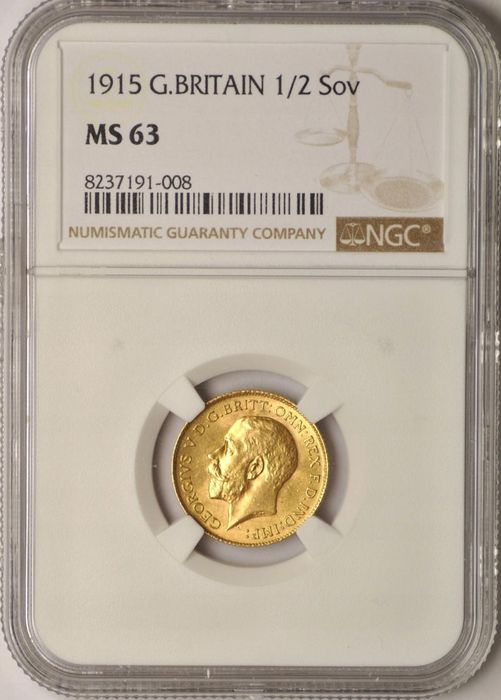 Złota moneta pół suweren 1915 grading NGC MS63 Jerzy V 1/2 funta