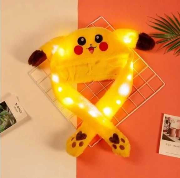 Pluszowa czapka z ruchomymi uszami Pikachu Pokemon, świecąca LED