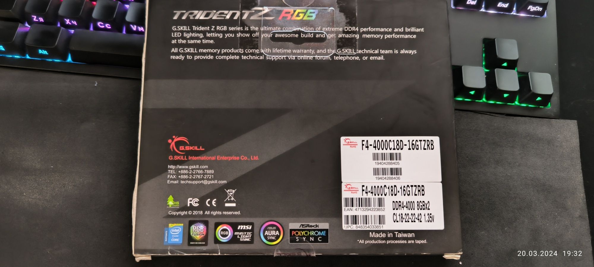 ОЗУ G.Skill DDR4 16GB (2x8GB) 4000 MHz Trident Z RGB