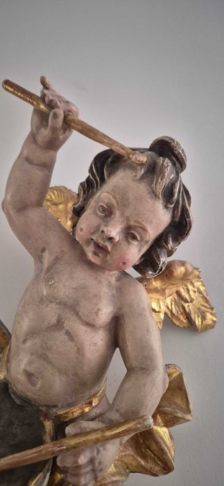 Antyk stara drewniana rzeźba aniołek putto cherubin barok unikat