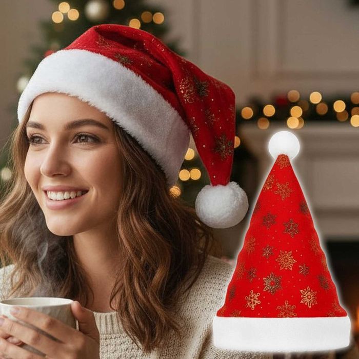 Czapka ŚWIĘTEGO MIKOŁAJA Puszysta Złote Śnieżynki WELUR 43x29cm JAKOŚĆ