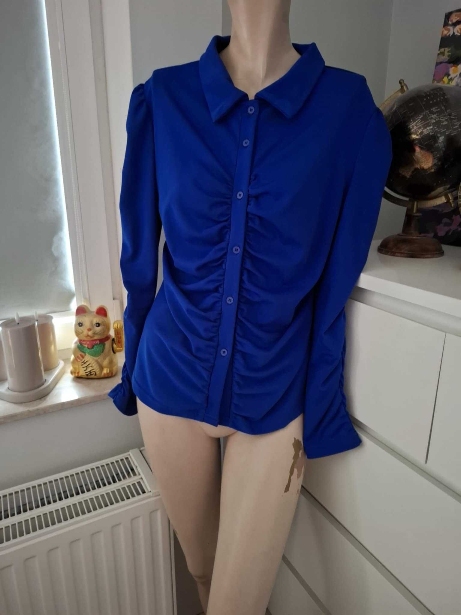XL 42 niebieska chabrowa kobaltowa koszula drapowana marszczona retro
