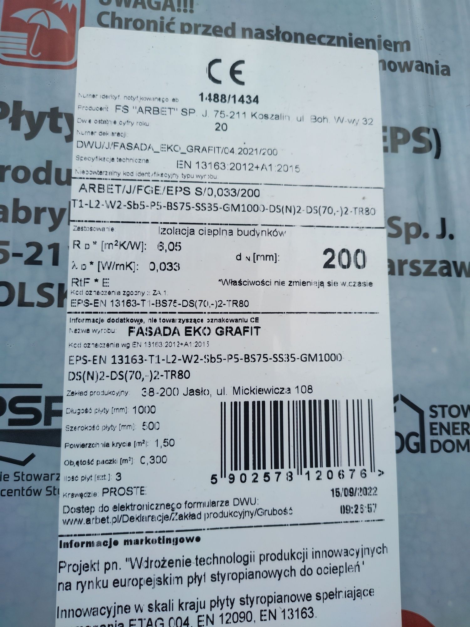styropian grafit fasadowy 0,033 Arbet 220 zł/m3 dostępny grubość 20 cm