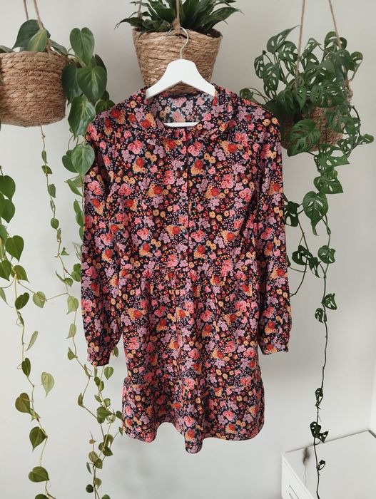 Sukienka z długim rękawem, w kwiaty, z kołnierzem, 100% wiskoza r.XS/S