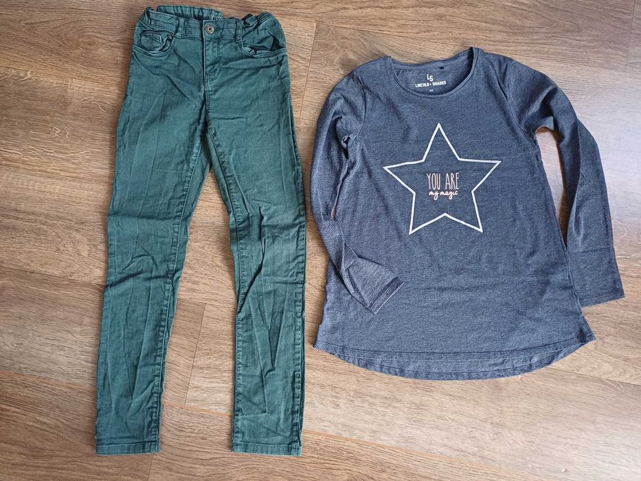 TAO zielone butelkowe spodnie jeansy 5.10.15 bluzka 152 158