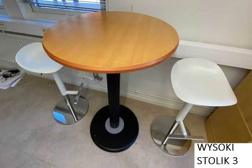 Stolik barowy okrągły i dwa okrągłe krzesła obrotowe / hokery zestaw