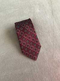 Sliczny bordowy krawat w kwadraty vintage tradycyjny żakardowy