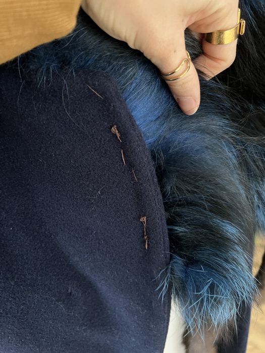 Płaszcz długi kaszmirowy wełniany 42 XL z futerkiem granatowy