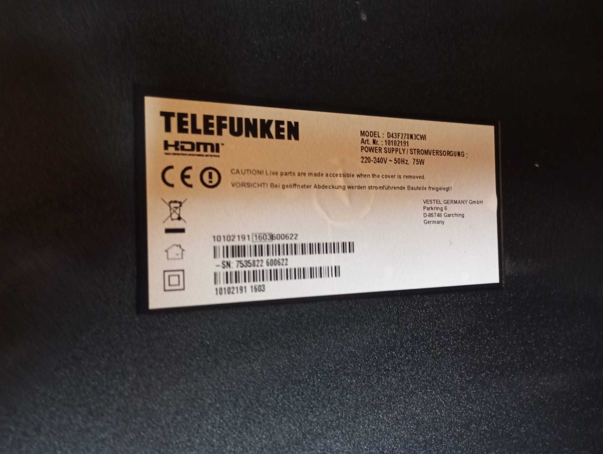 Zbity telewizor 43 cale na części telefunken D43F287M3CW z 2016 roku