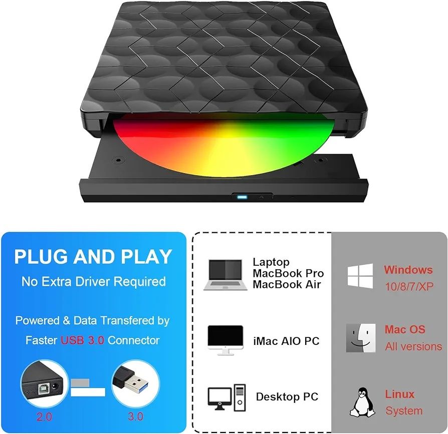 Зовнішній CD-DVD-привід USB 3.0 URSICO із записом CD DVD +/-RW