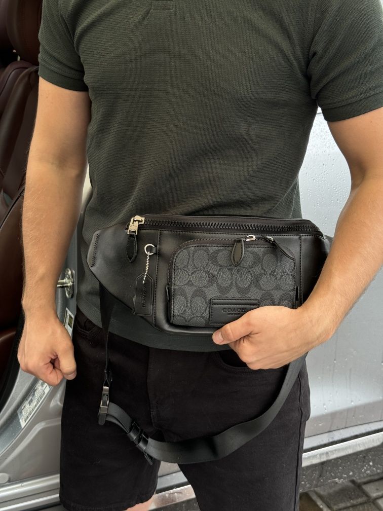 Сумка чоловіча бананка поясна Coach Track Belt Bag Grey/Black