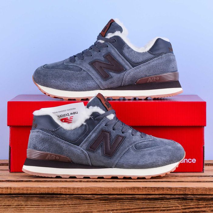 (2135) Зимові з хутром Кросівки New Balance 574 сірі з коричневим