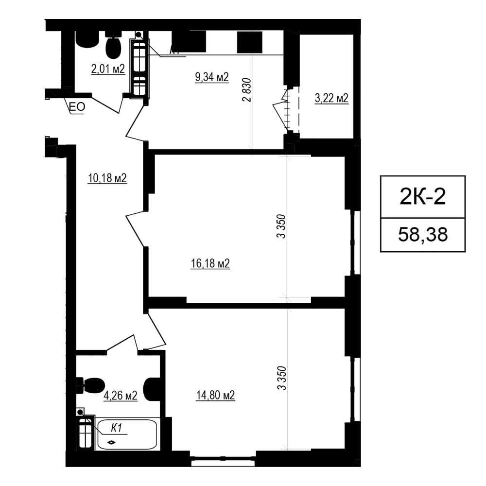2К (58.38 м2). Новий ЖК з власним ТЦ. 10-15 хв. до метро