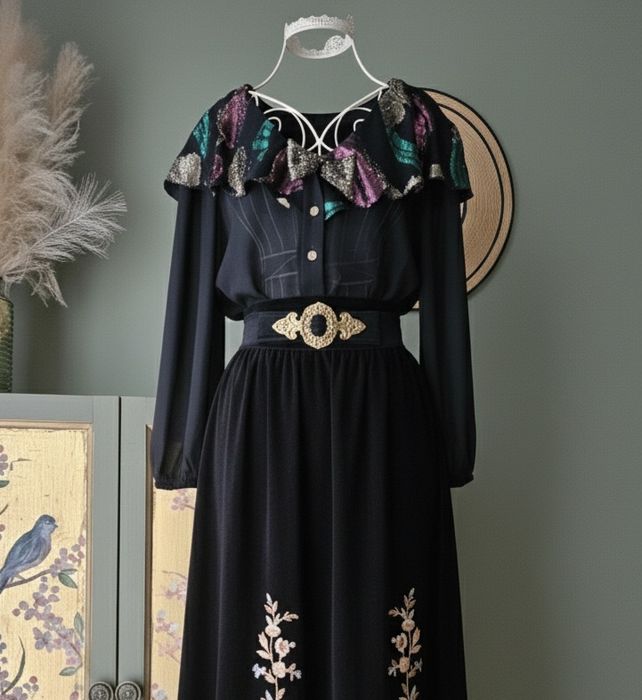 Vintage Koszula damska bluzka Czarna Bufki XL /XXL Elegancka Metaliczn