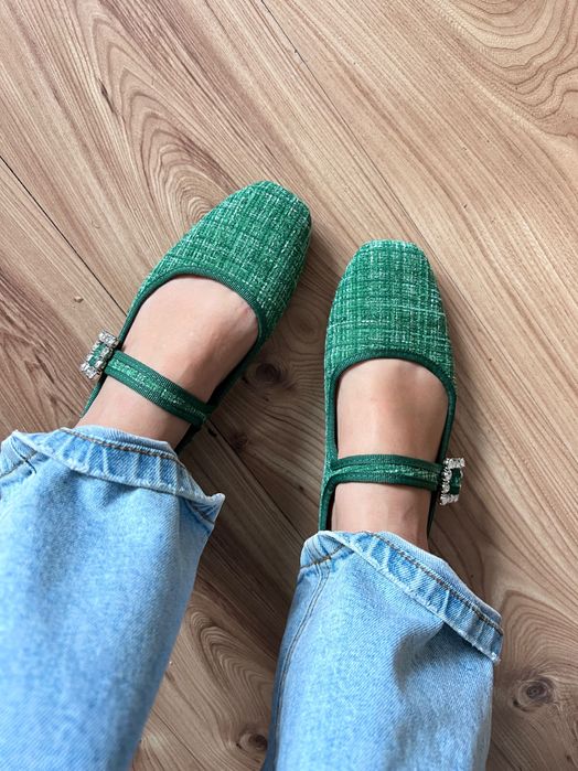 39 Sklep Nowe baleriny damskie tweedowe zielone XP317