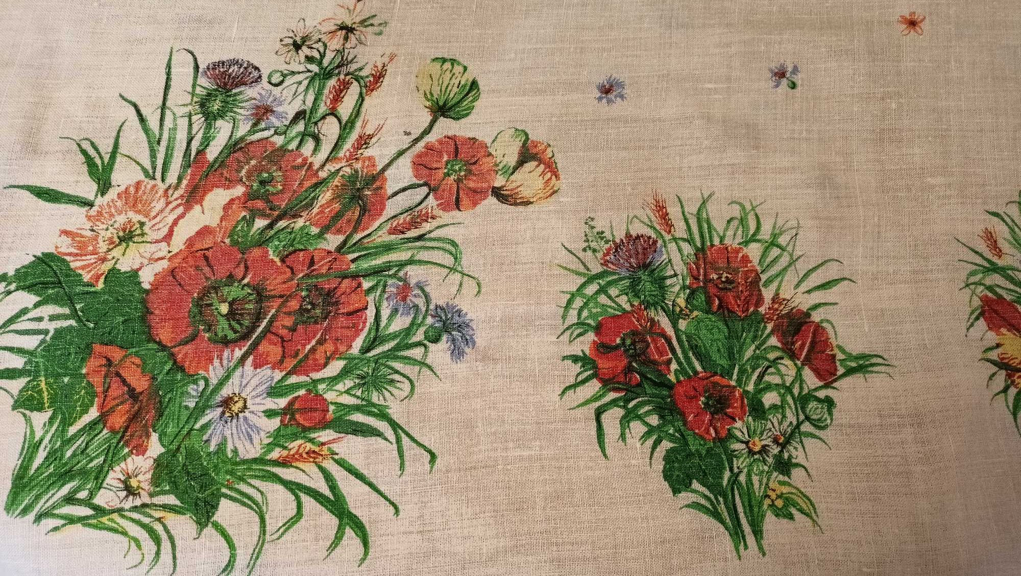Obrus lniany PRL, Cepelia, 150 x 135, Maki