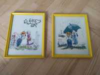Obrazki haftowane 2 sztuki oprawione, żółte ramki, chłopiec i dziewczy