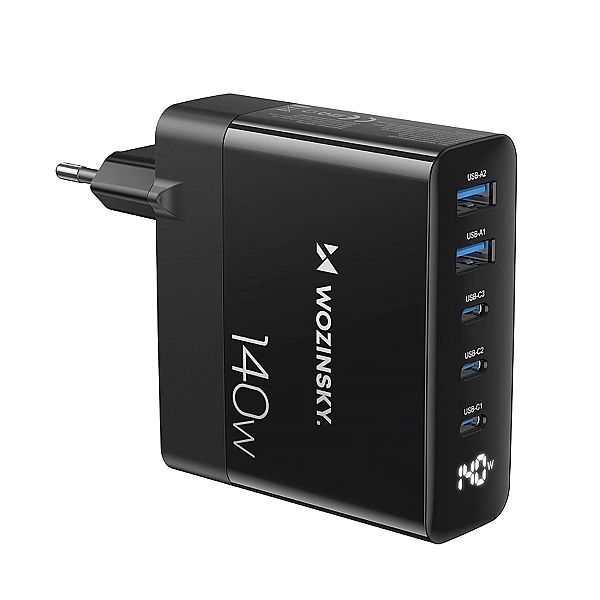 Ładowarka sieciowa GaN Wozinsky CGWCB 140W 3 x USB-C / 2 x USB-A - cza