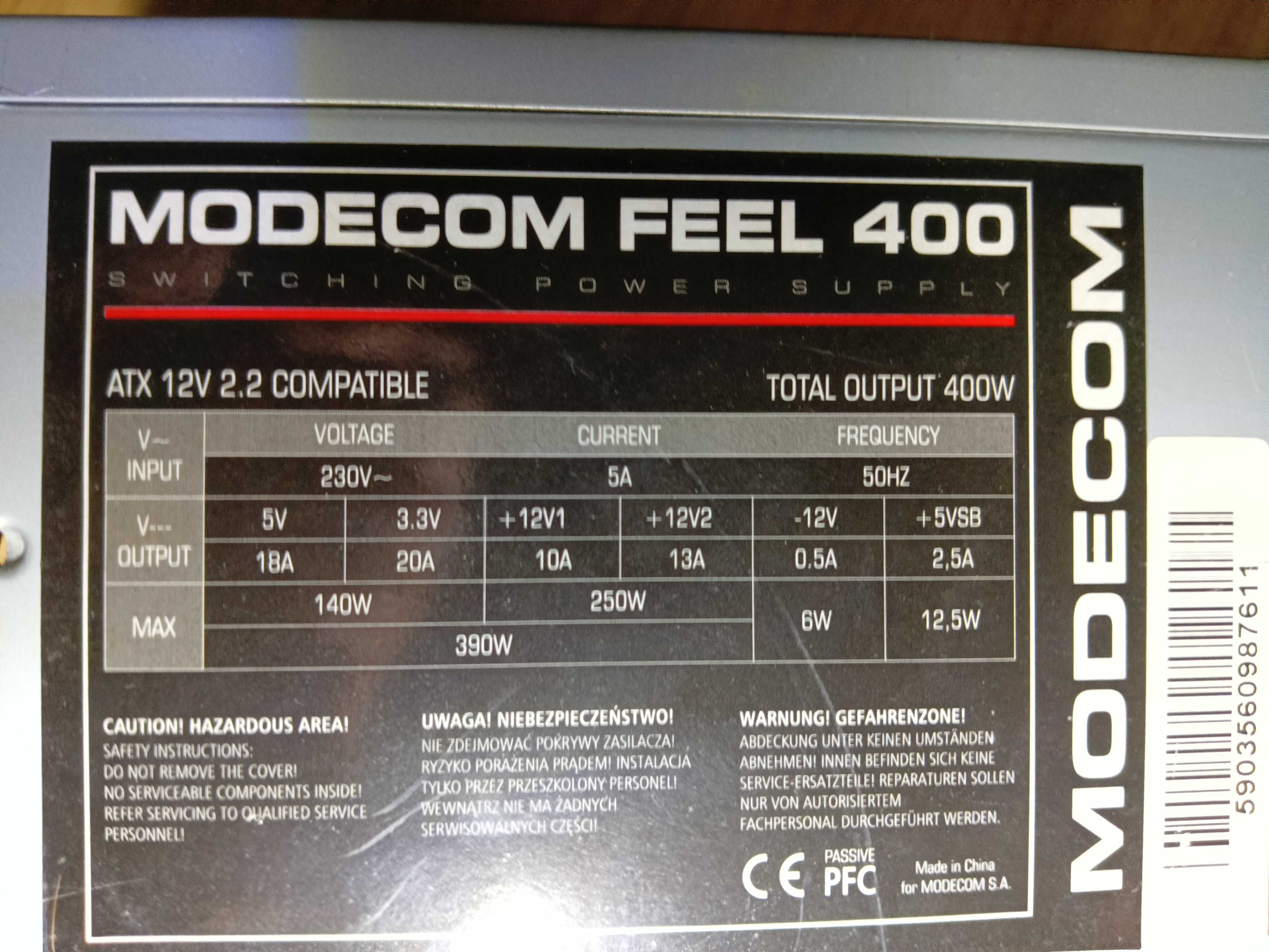 Zasilacz do komputera Stacjonarnego  MODECOM Feel 400W