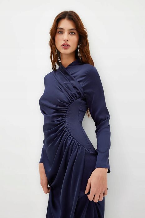 Trendyol 36 S Sukienka Granatowa Marszczona Maxi J26838