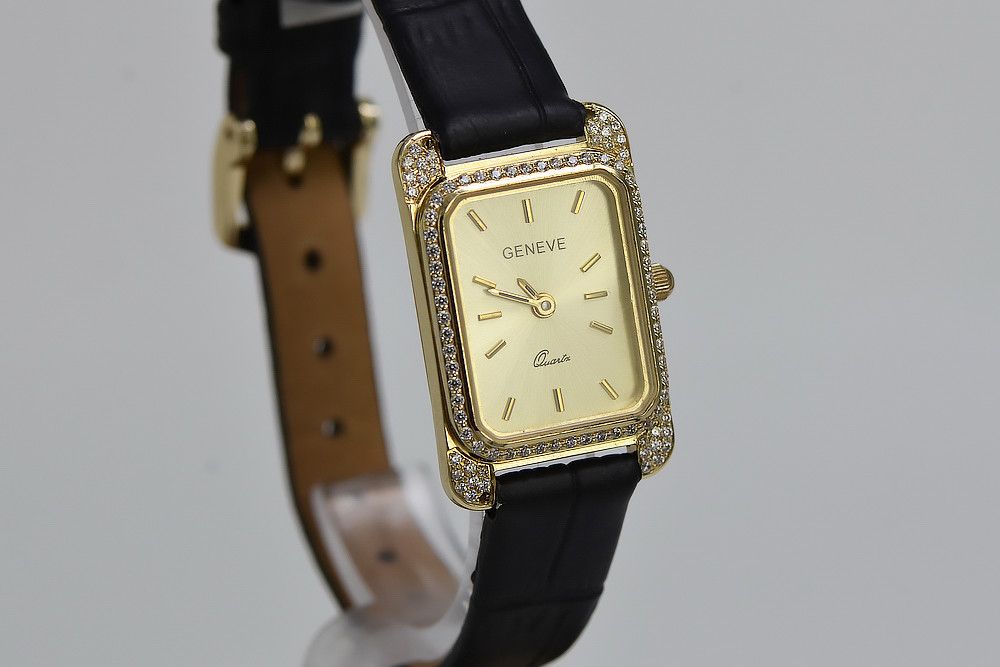Prześliczny 14K 585 złoty prostokątny damski zegarek Geneve Gdańsk