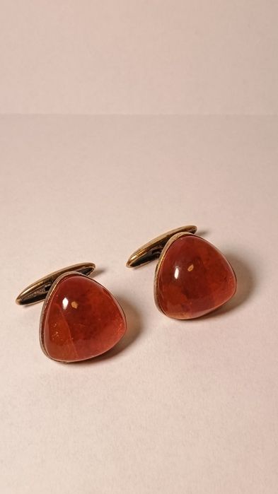 Piękne srebrne spinki do mankietów z bursztynem, pozłacane, ZSRR