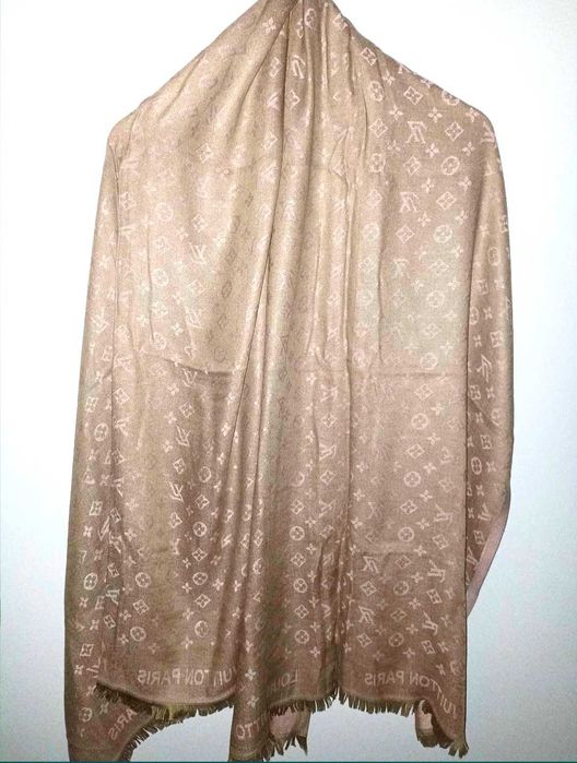 LV dwustronny szal szalik beżowo różowy 50% jedwab 50% kaszmir