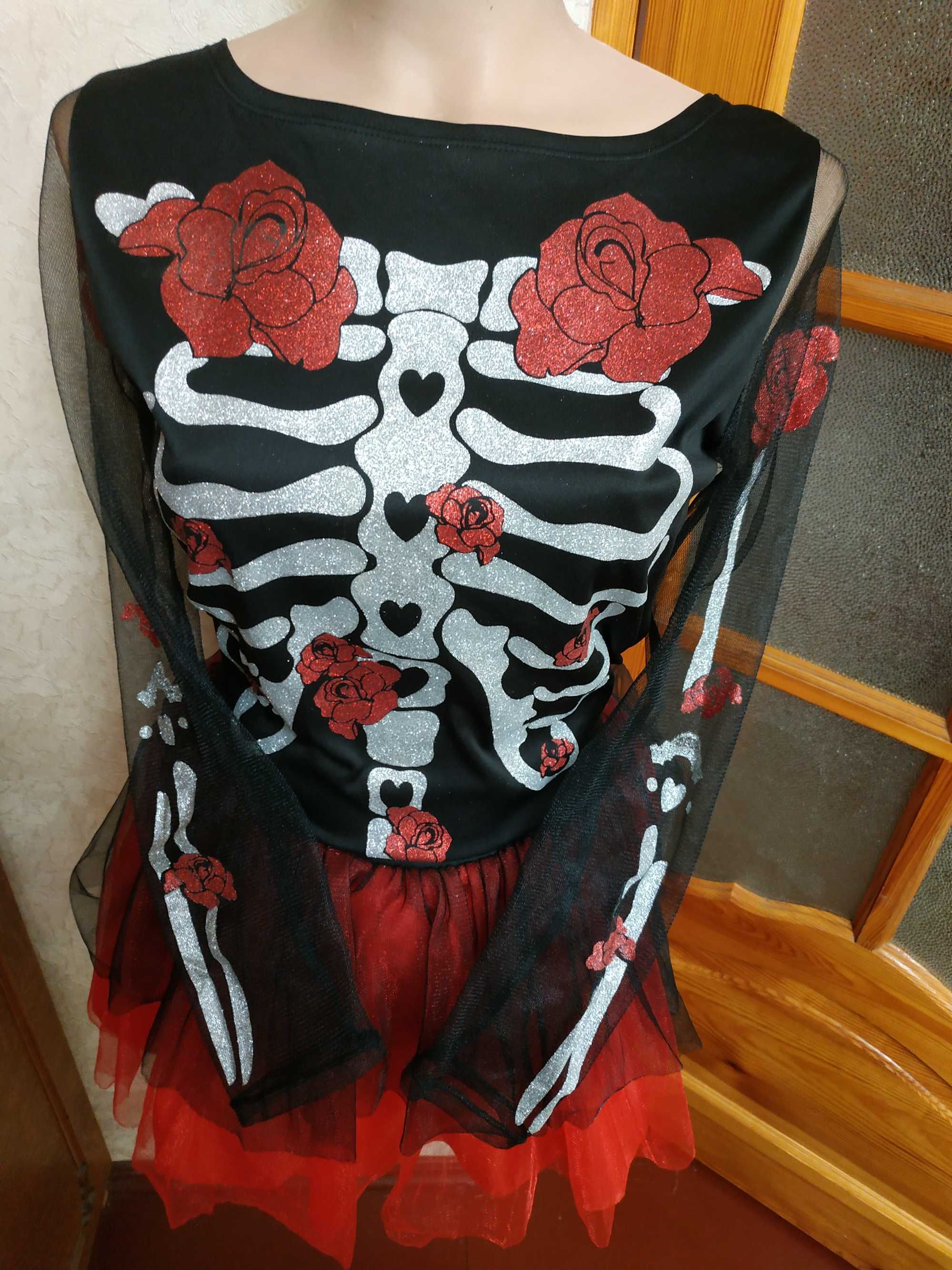 Карнавальное платье для девочек скелет и красные розы, рок, готическое
