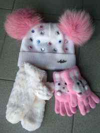 Шапка зимняя для девочки + варежки и перчатки