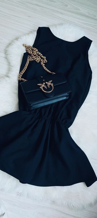 Piękny 100%len dobra metka  czarny zwiewny kombinezon sukienka spódnic