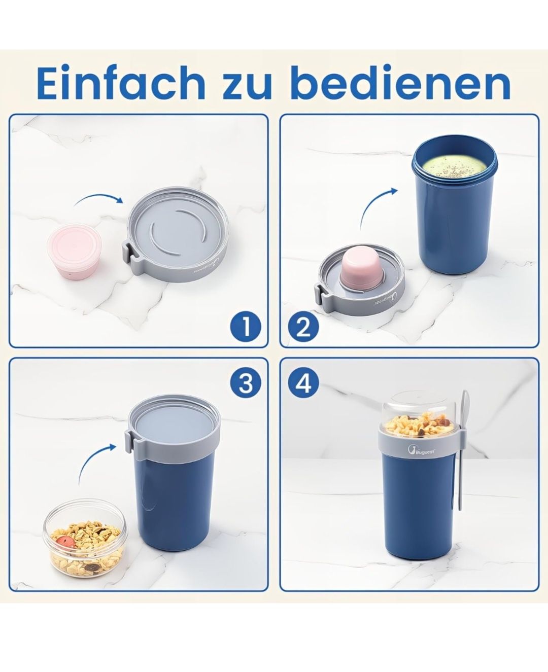 Bugucat Kubek na musli to Go 760 ml + 230 ml, praktyczny kubek na lunc