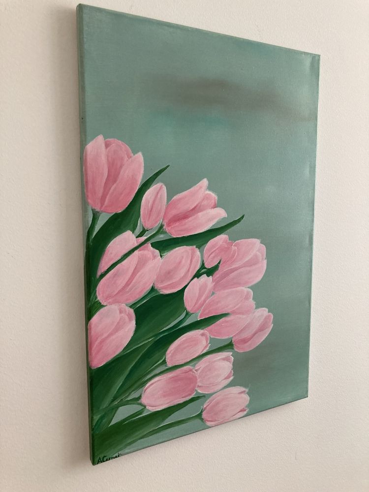 Quadro pintura tulipas cor de rosa
