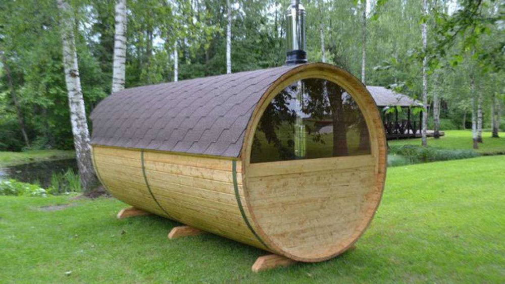 Sauna beczka 2,4m ze ścianką pół panorama