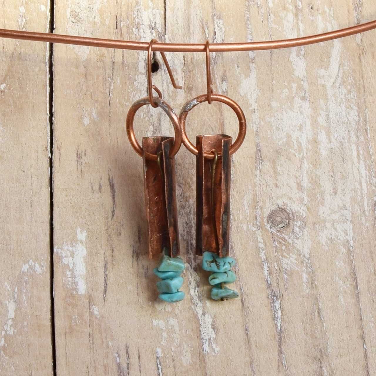 Kolczyki z kutej, oksydowanej miedzi i turkusu /55/ biżuteria handmade