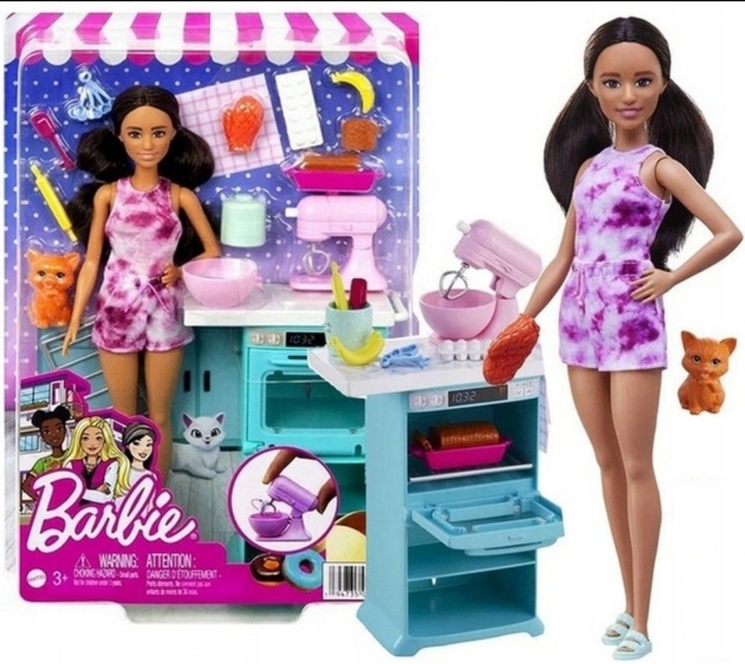 Nowa Lalka Barbie z kotkiem w kuchni gotuje zestaw mikser piekarnik