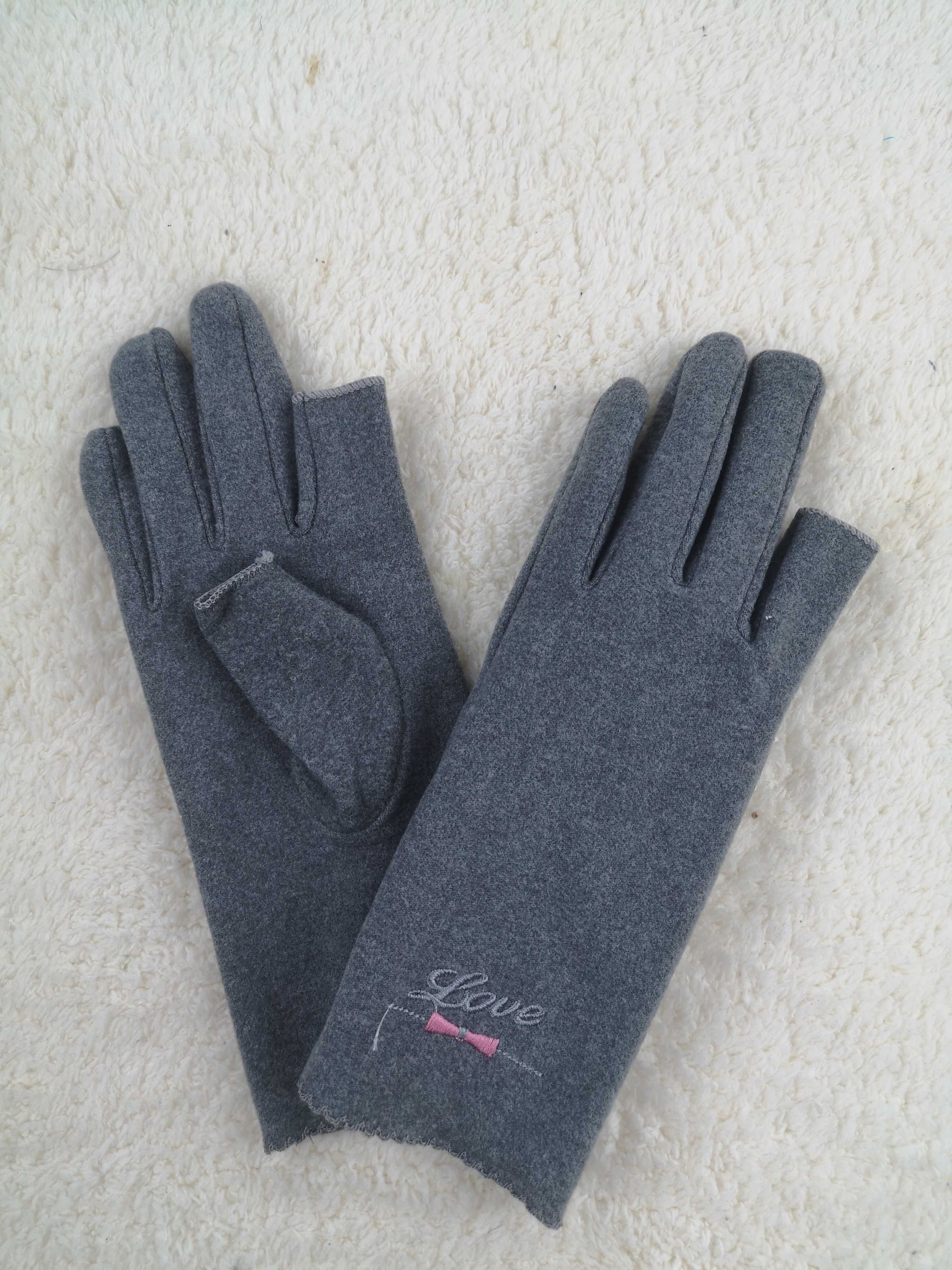NOWE Szare welurowe rękawiczki z haftem bez dwóch palców smartfon siwe