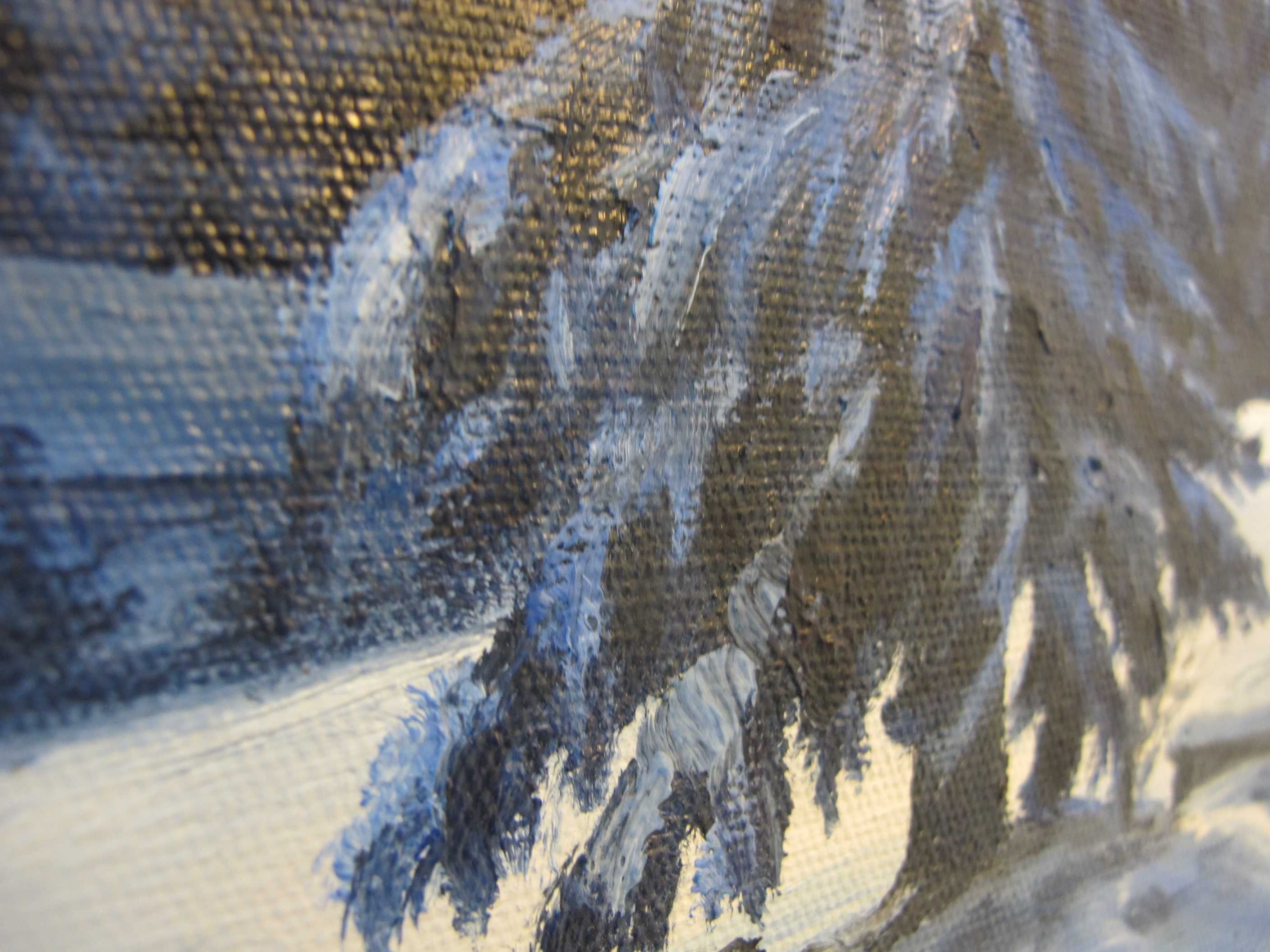 Obraz olejny na płótnie  sygnowany pejzaż zimowy góry chata śnieg