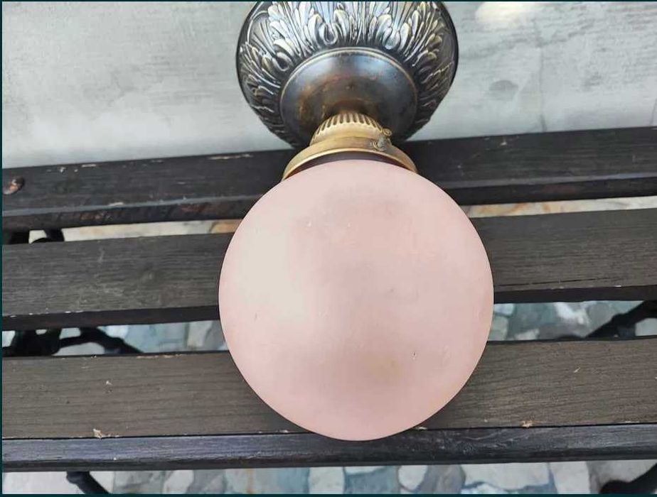 Art deco mosiężny plafon,lampa,klosz różowy