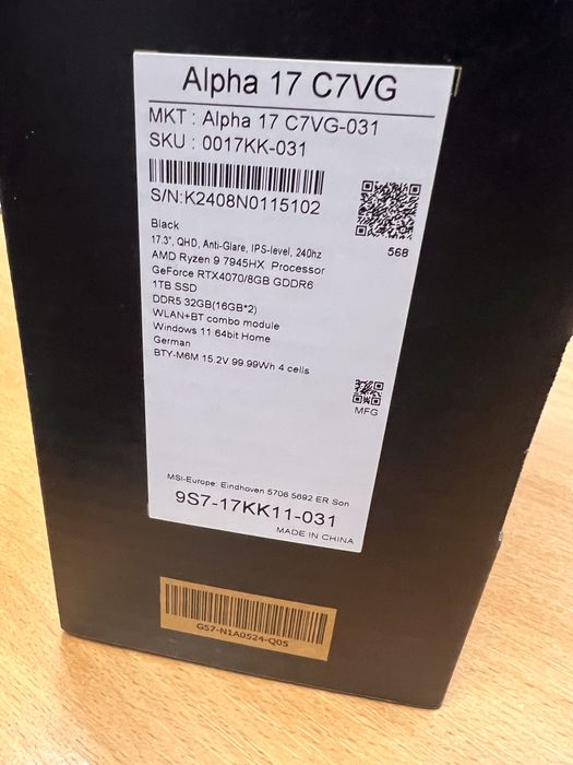 Msi alpha 17 QHD Ryzen9-7945hx rtx 4070 ddr5-32 ssd 1