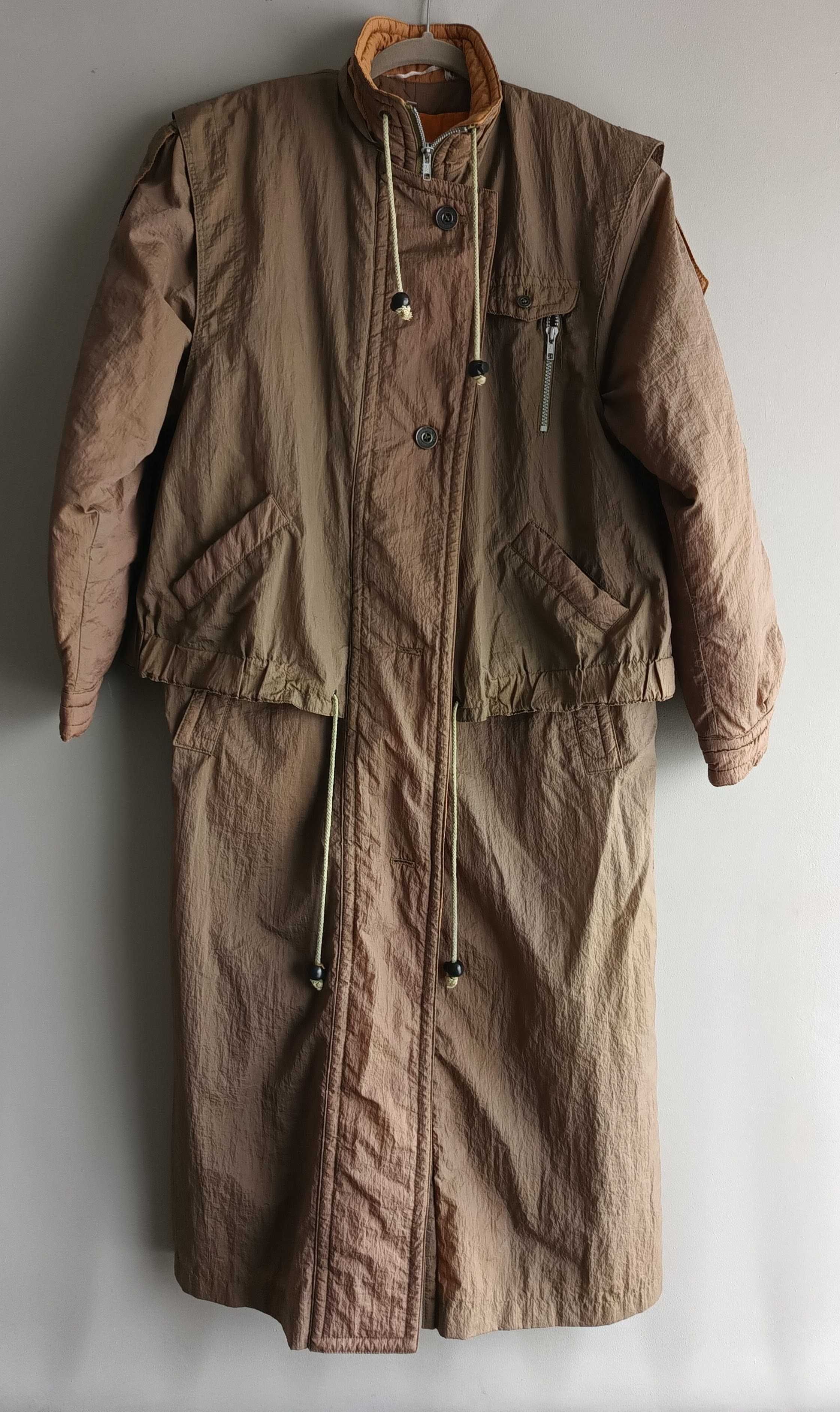 Kurtka długa parka trencz płaszcz brązowy wełna vintage
