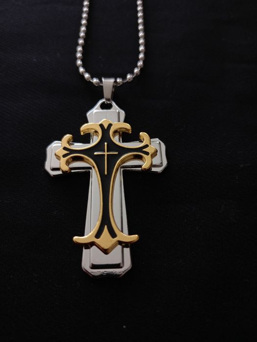 Krzyż dwuwarstwowy srebrnlo-zloty - naszyjnik, wisiorek z  łańcuszkiem