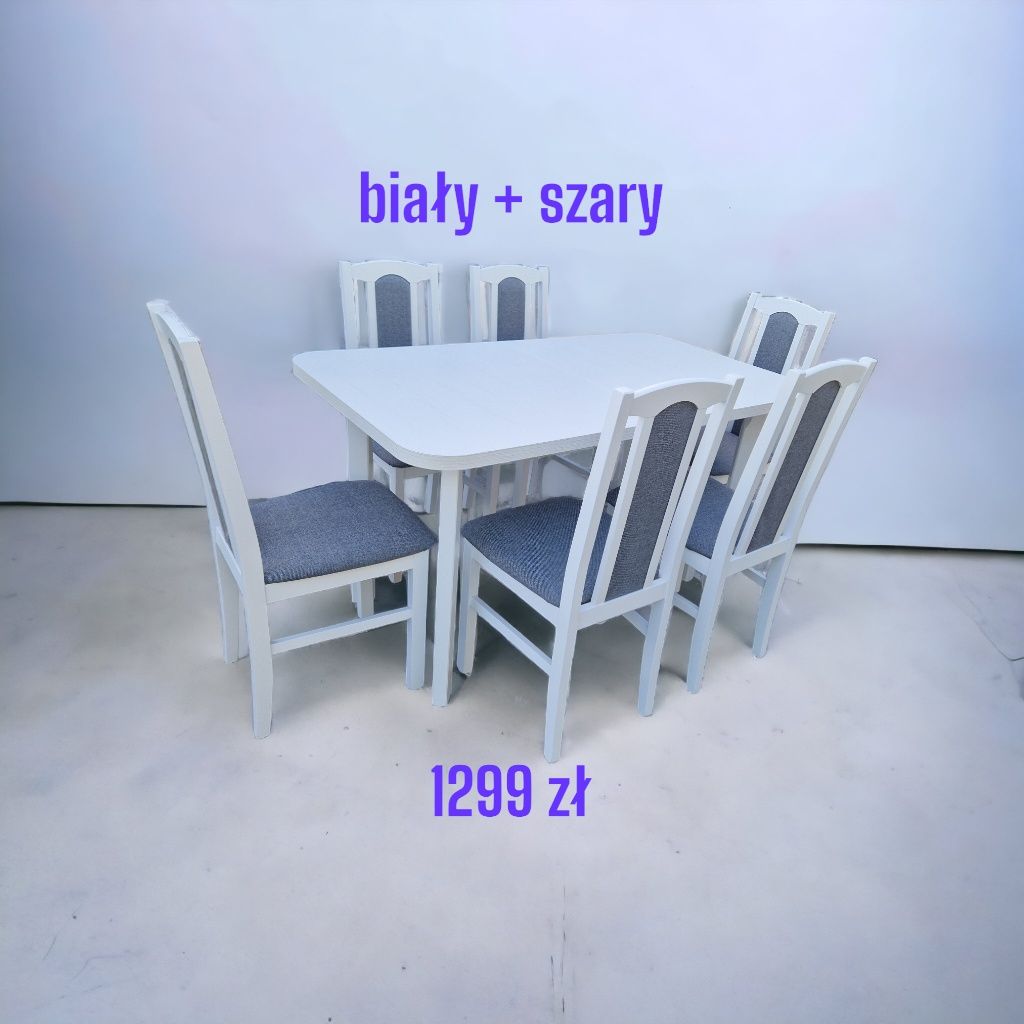 Nowe: Stół 80x140/180 + 6 krzeseł, biały + szary, dostawa cała PL