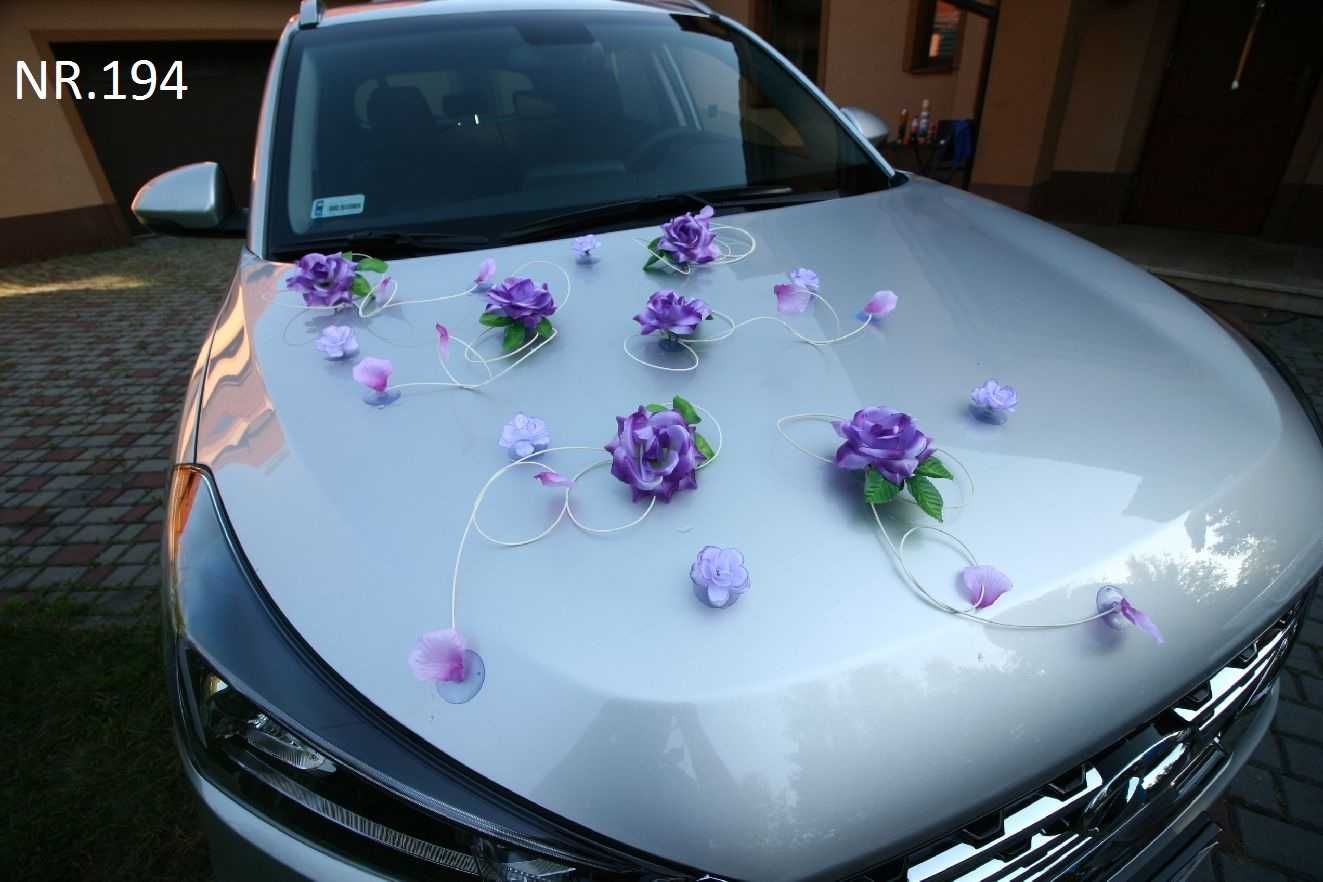 FIOLETOWA dekoracja na auto-samochód do ślubu.Ozdoba ślubna.STROIK 194