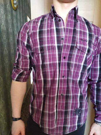 Мужская рубашка в клетку с нашивками брендовая 100% хлопок