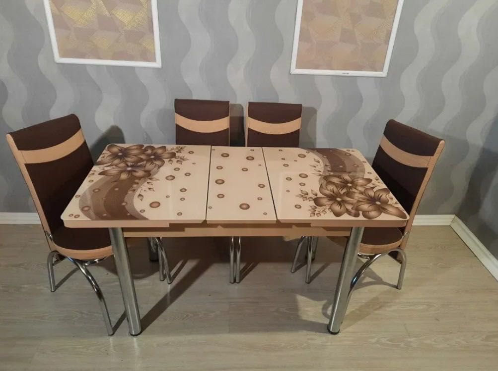 Розкладний кухонний скляний обідній стіл та стільці Обеденный стол