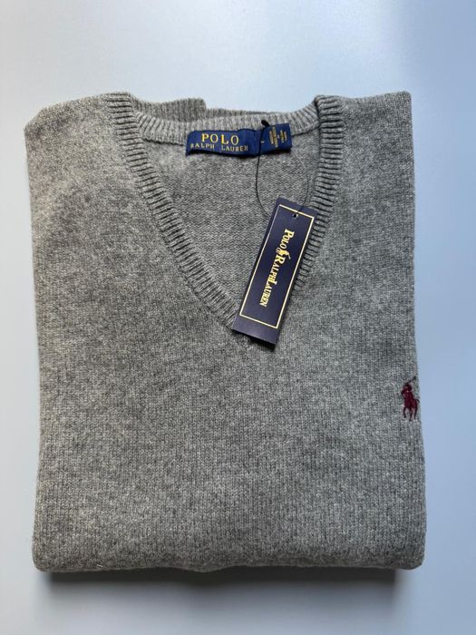 Nowy Oryginalny Sweter Męski Wełniany POLO RALPH LAUREN Jasno Szary L