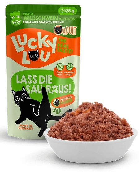 Karma dla kota bez zbóż, cukru i GMO - Lucky Lou WOŁOWINA i DZIK 125g