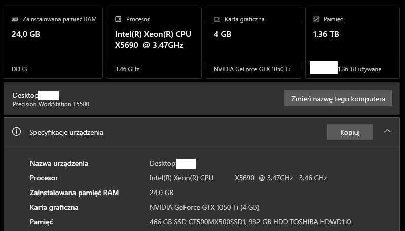 Komputer Dell Precision T5500 Stacja robocza 1050 Ti SSD+HDD X5690
