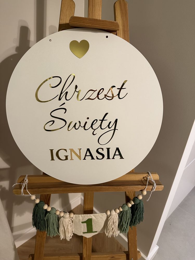 Tablica na chrzest okrągła biała złoty napis
