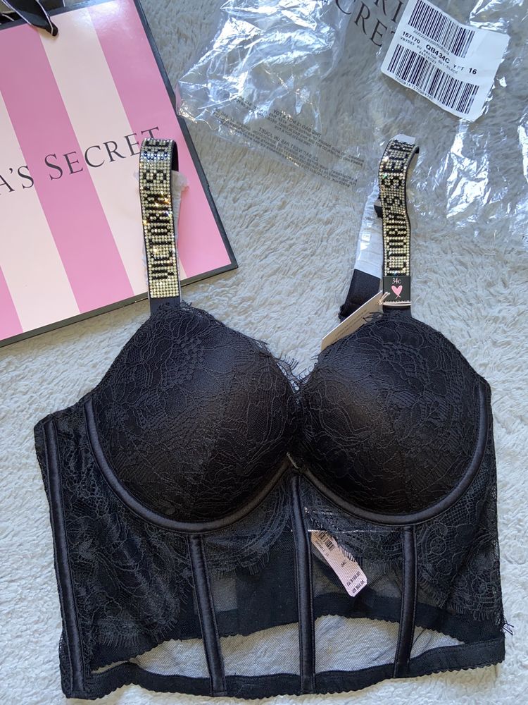 Czarny gorset koronkowy z kryształkami 75C Victoria’s Secret